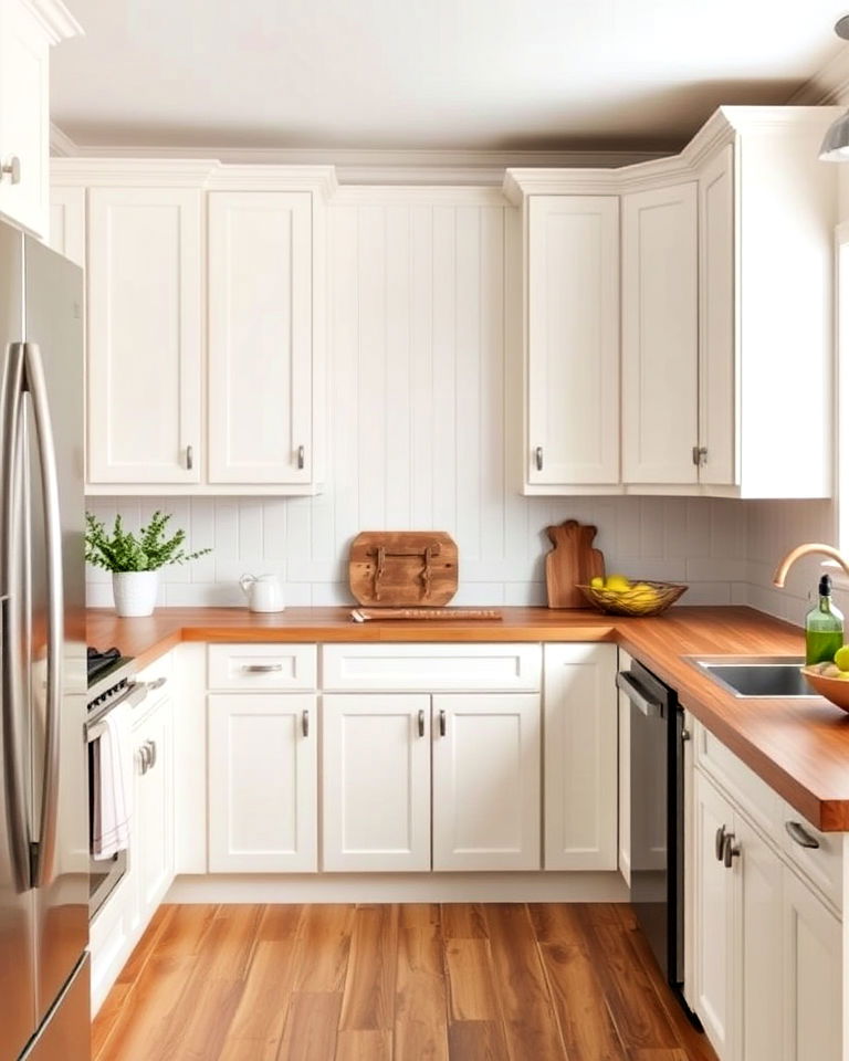 off white kitchen cabinets with beadboard paneling