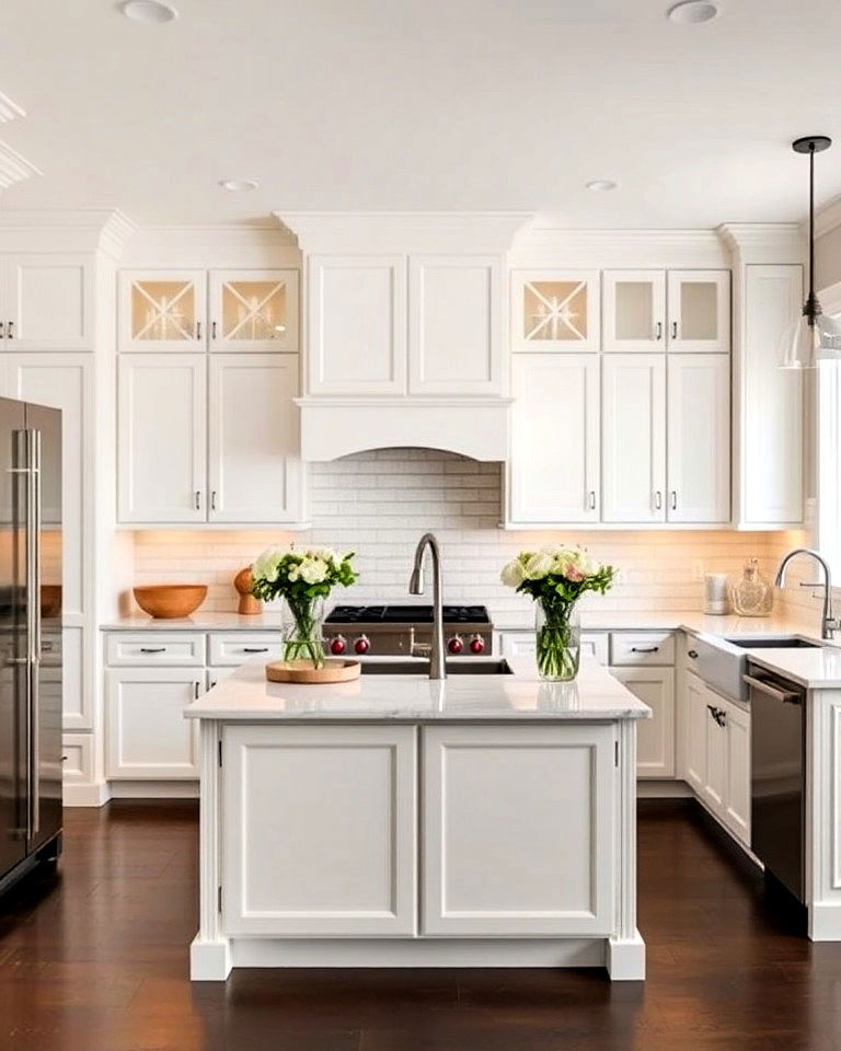 off white kitchen cabinets with crown molding