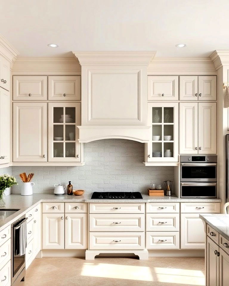 off white kitchen cabinets with decorative cornices