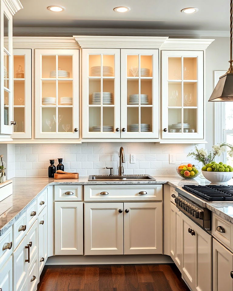 off white kitchen cabinets with glass inserts