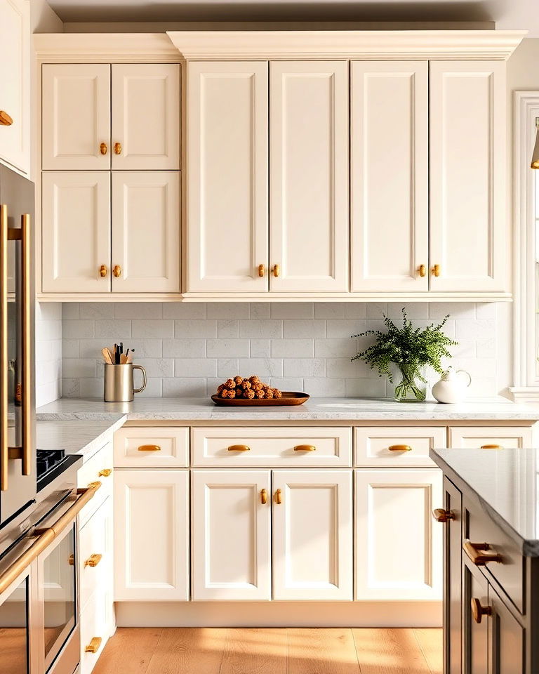 off white kitchen cabinets with gold hardware