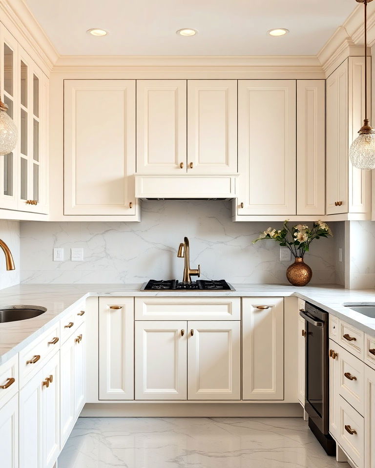 off white kitchen cabinets with marble countertops