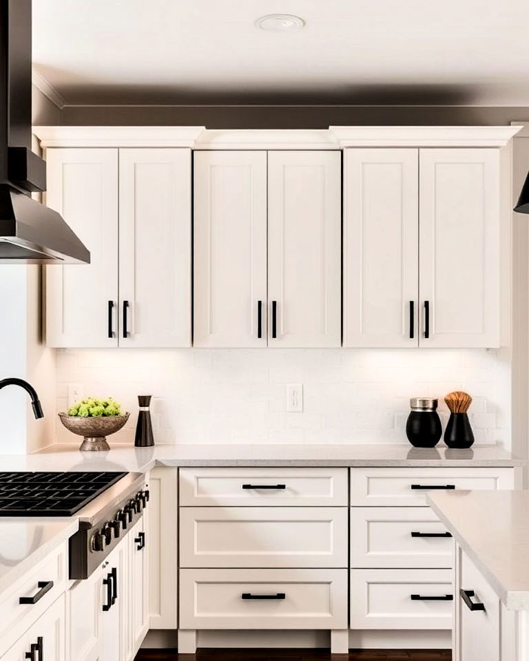 off white kitchen cabinets with matte black hardware