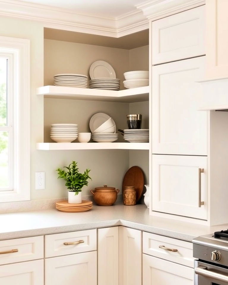 off white kitchen cabinets with open corner shelving