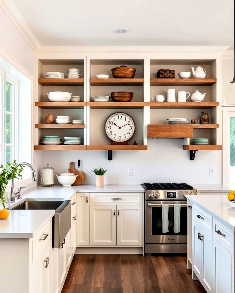 off white kitchen cabinets with open shelving accents