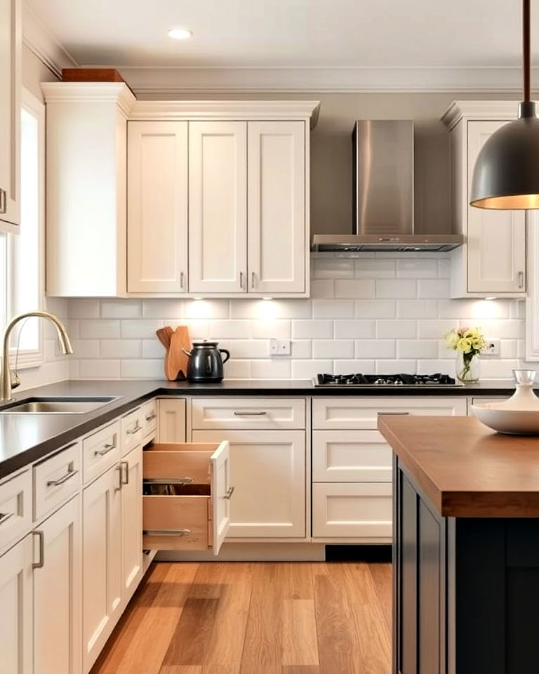 off white kitchen cabinets with soft close drawers