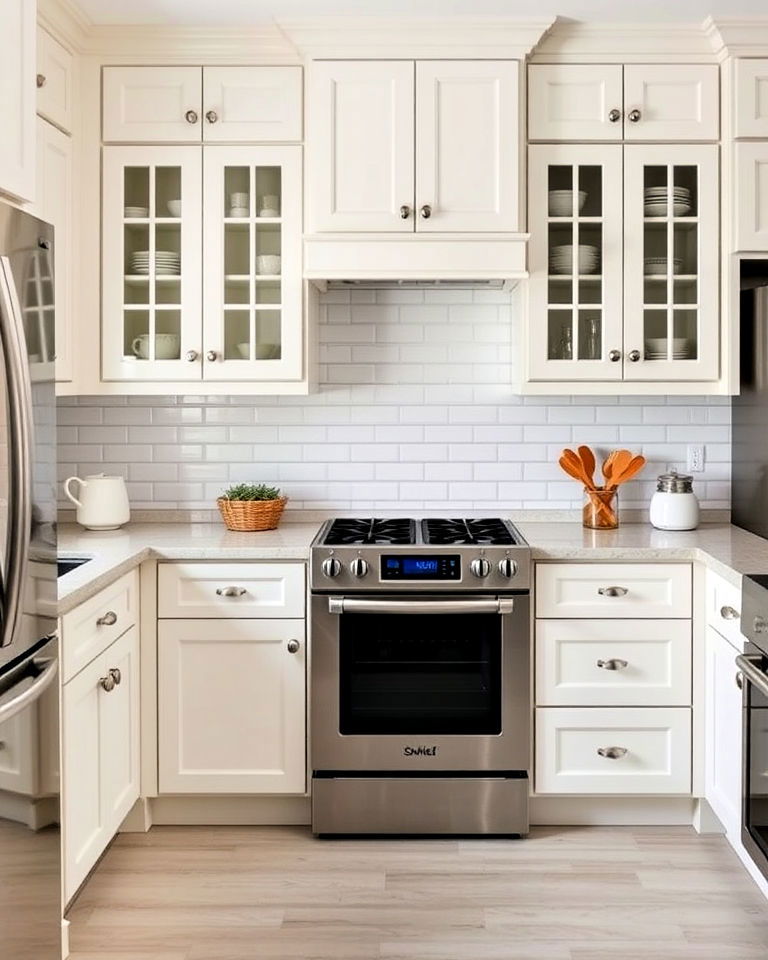 off white kitchen cabinets with subway tile backsplash