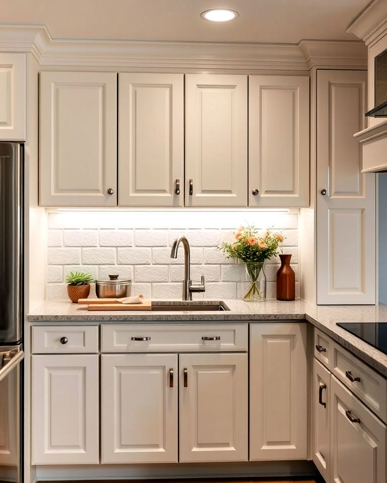 off white kitchen cabinets with under cabinet lighting