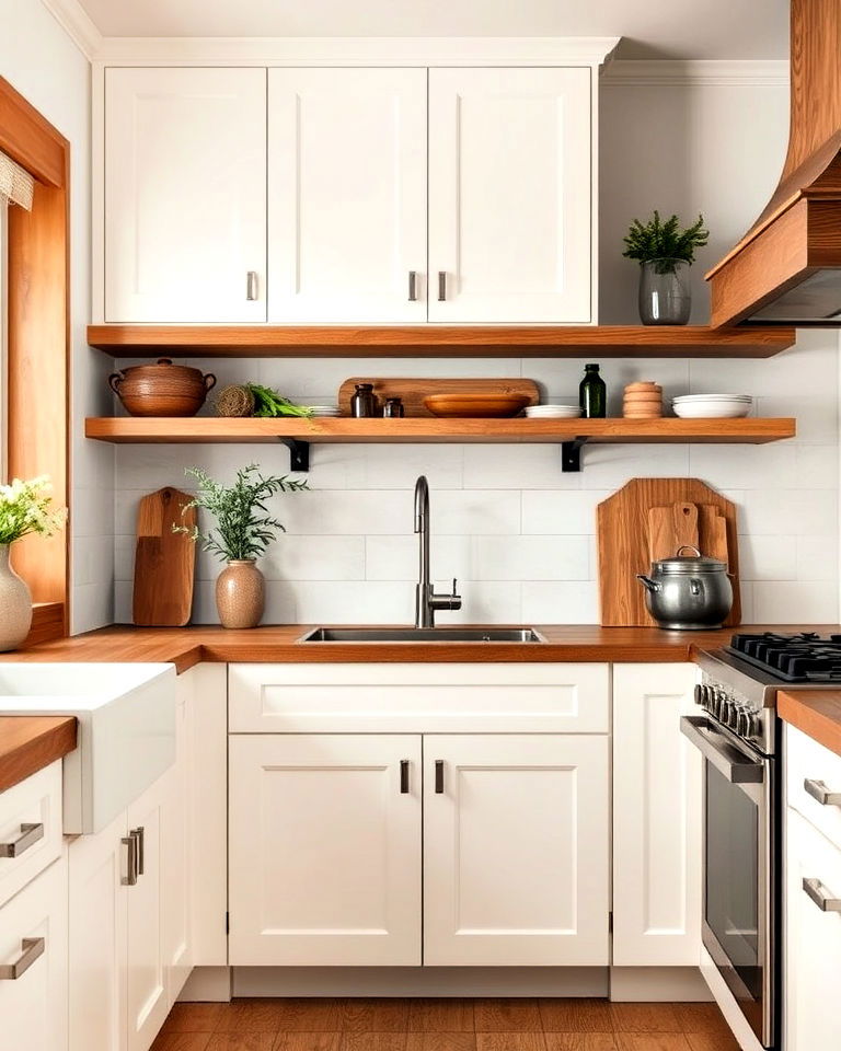 off white sleek cabinets with cozy wood accents