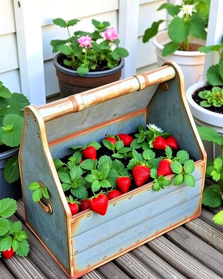 old toolbox as strawberry planter