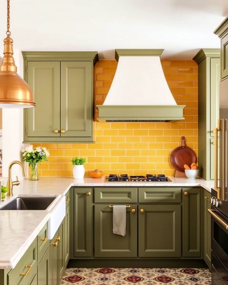 olive green kitchen cabinets and yellow tiled backsplash
