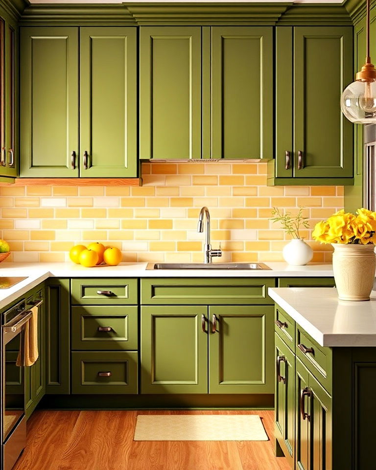 olive green kitchen cabinets with lemon yellow accents