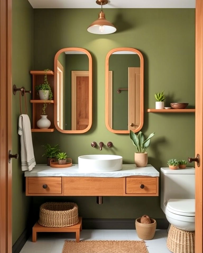 olive green powder room walls with wood elements