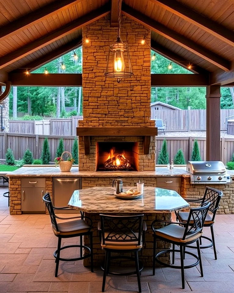 open air kitchen with built in fireplace
