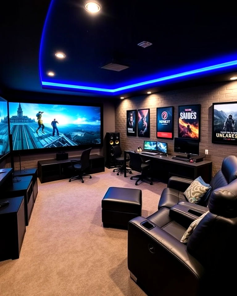 open concept gaming and theater combo