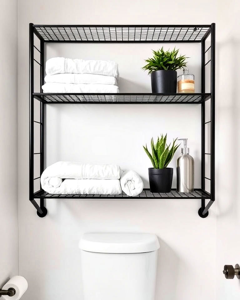 open industrial metal shelving above the toilet