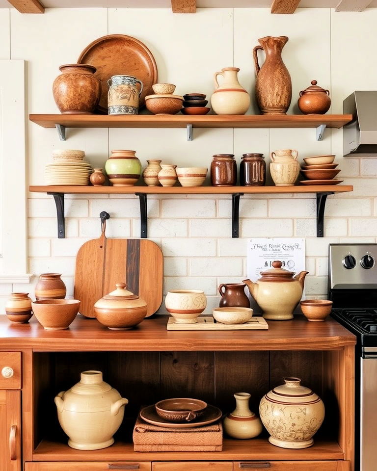 open kitchen shelves for primitive pottery display