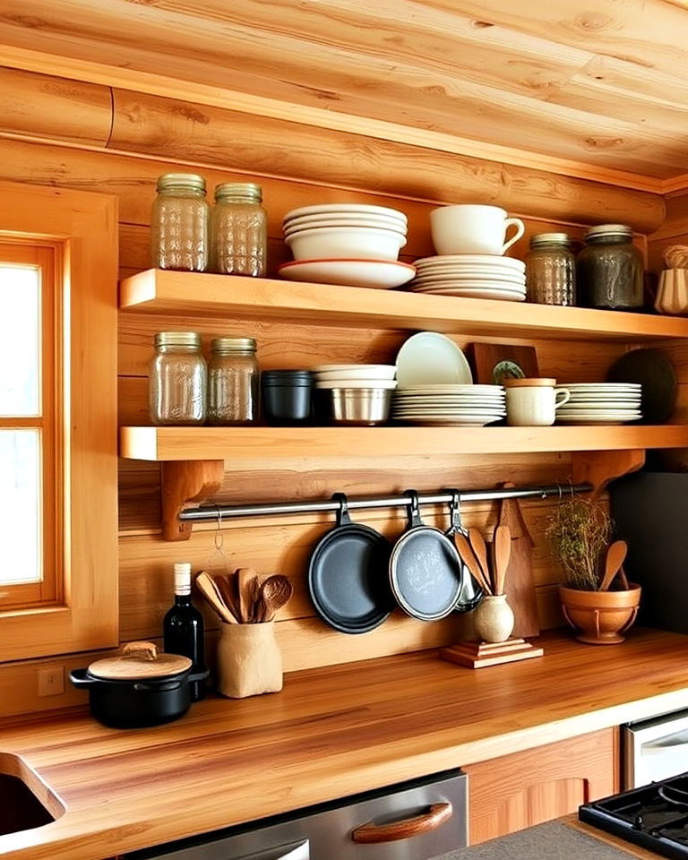 open kitchen shelving with wooden planks