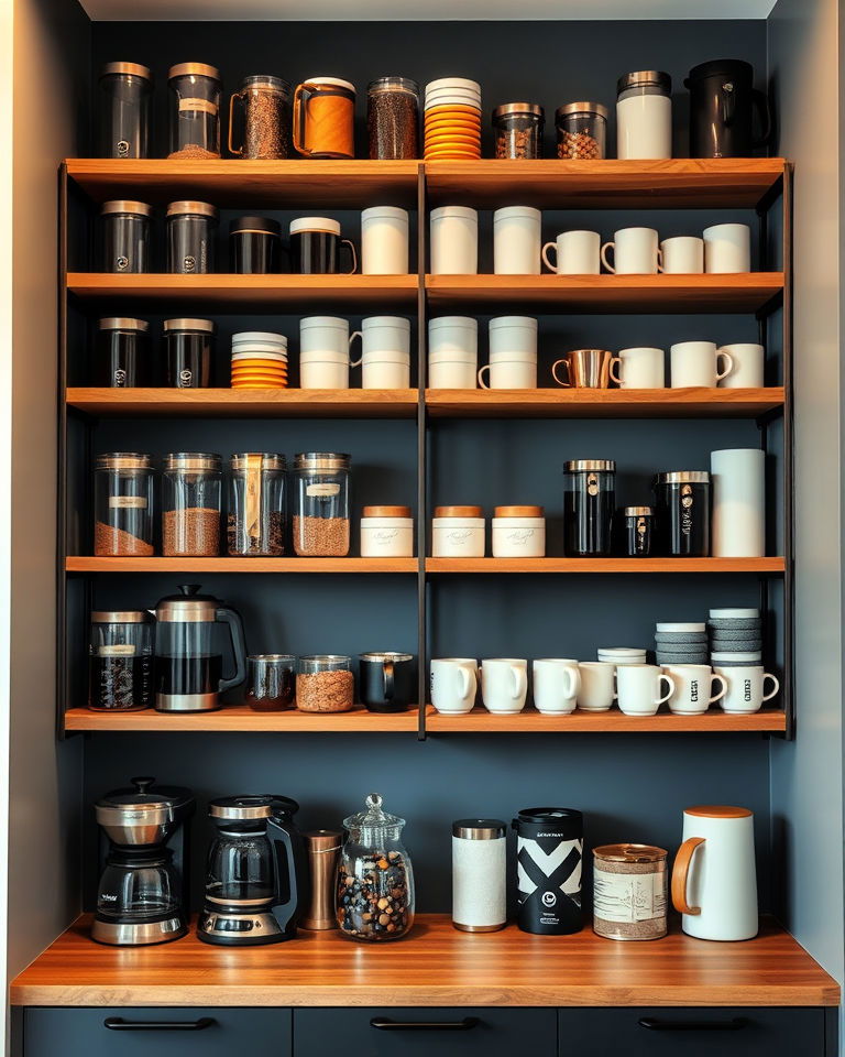 open shelves to display coffee supplies
