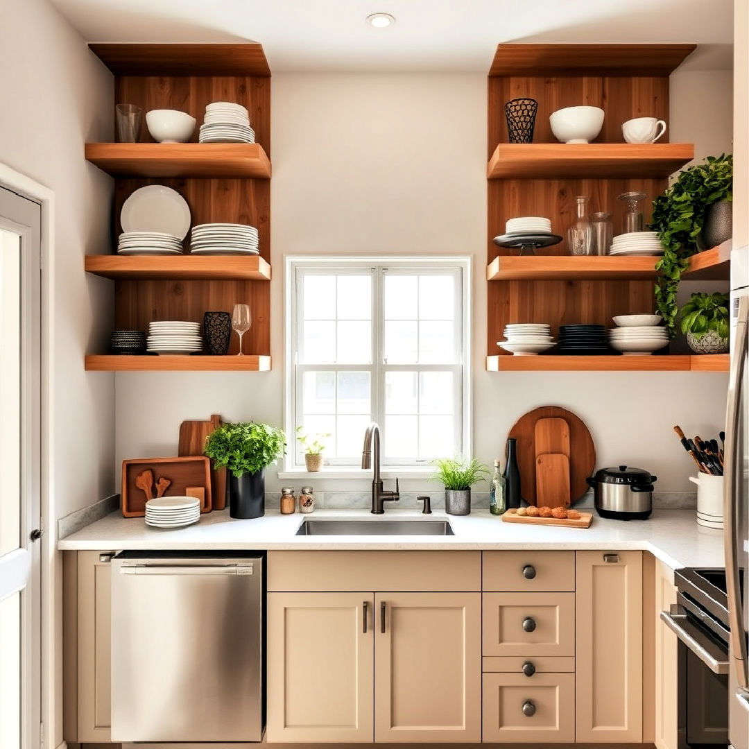 open shelving for townhouse kitchen