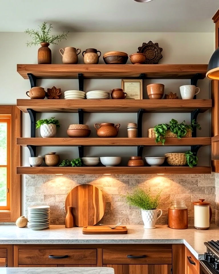 open shelving with natural elements