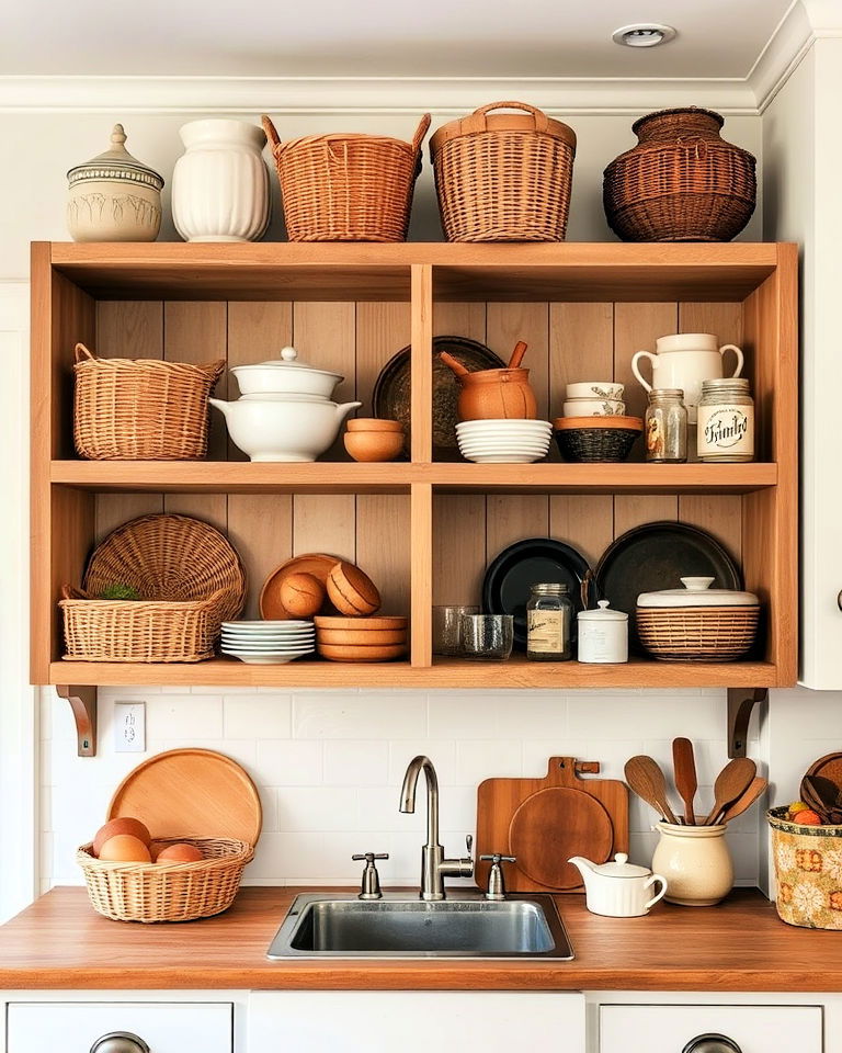 open shelving with rustic baskets for dishware display