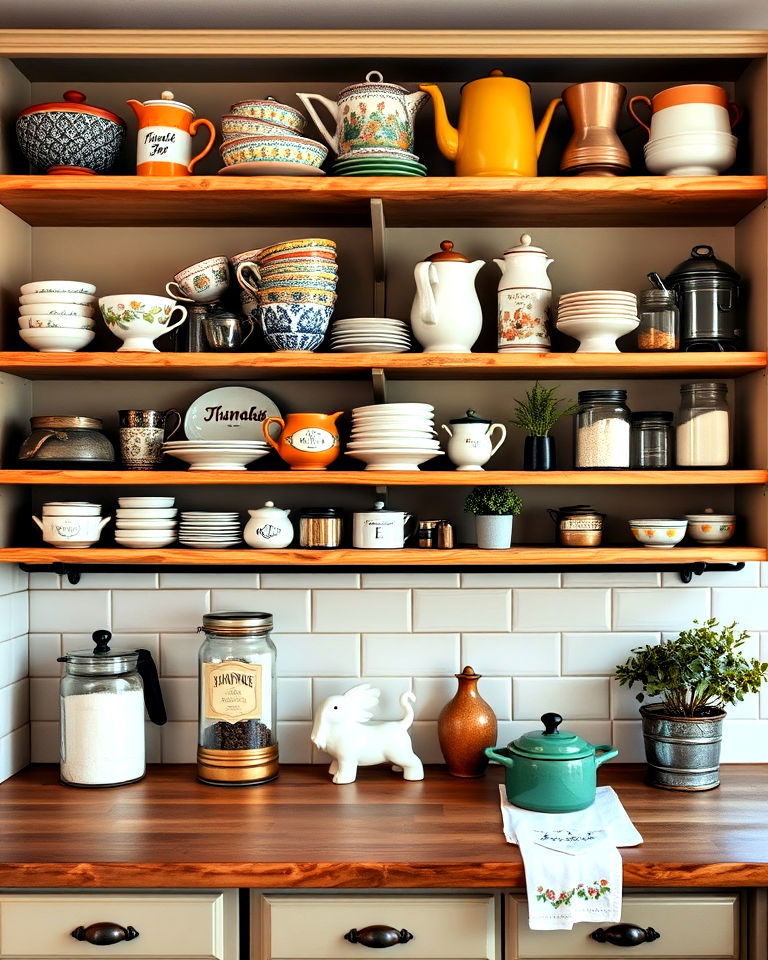 open shelving with vintage decor