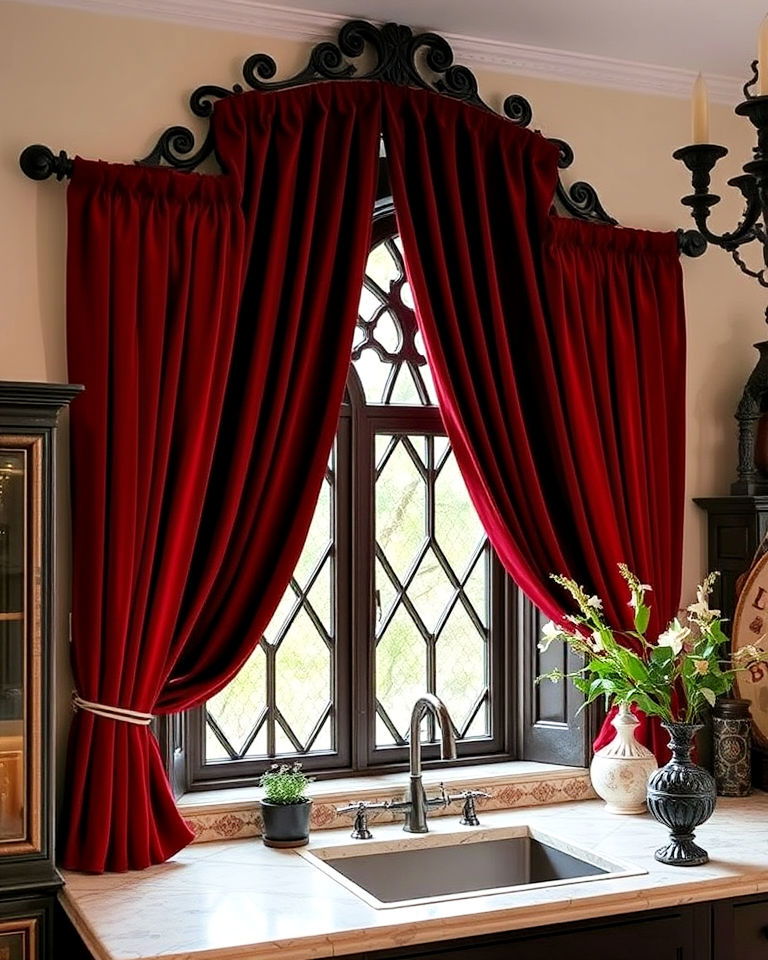 othic kitchen windows with heavy velvet curtains