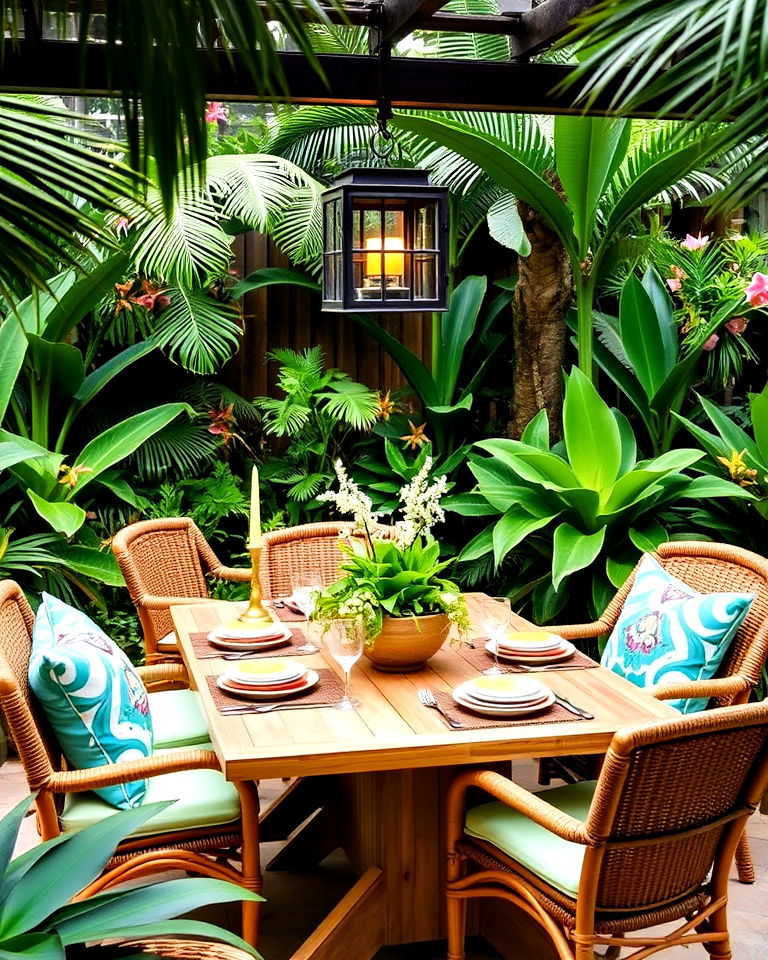 outdoor dining area with tropical inspired furniture