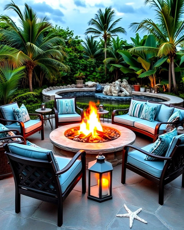 outdoor fire pit with beach inspired decor