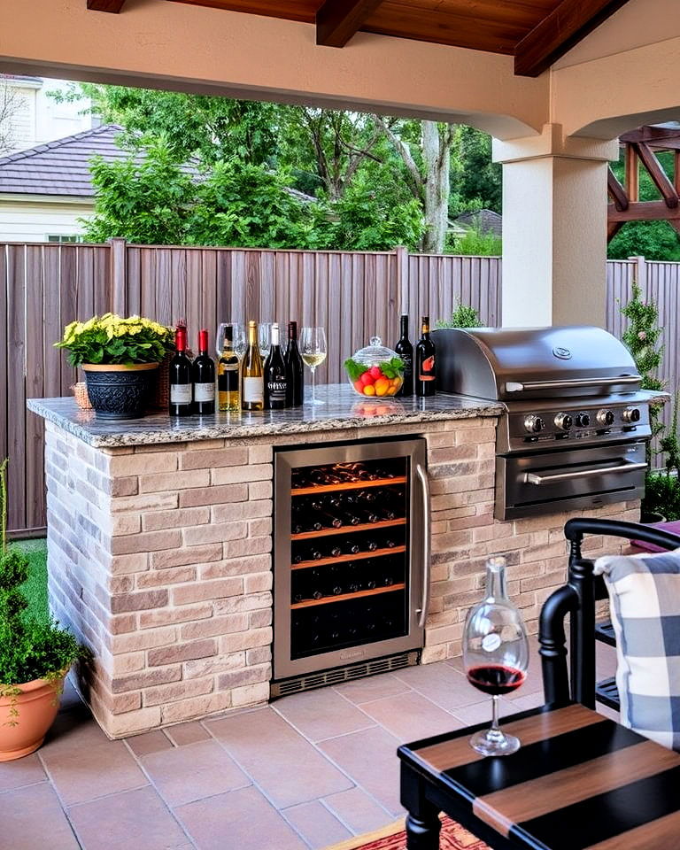 outdoor kitchen with built in wine cooler