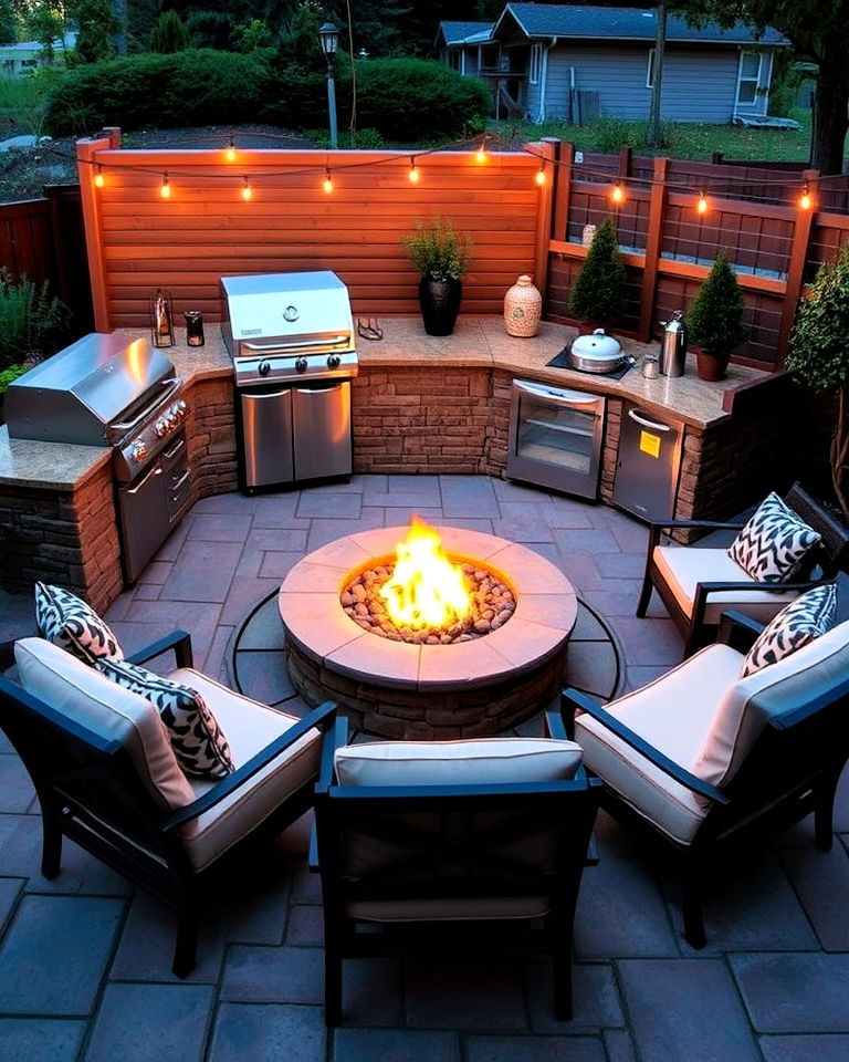 outdoor kitchen with fire pit and lounge