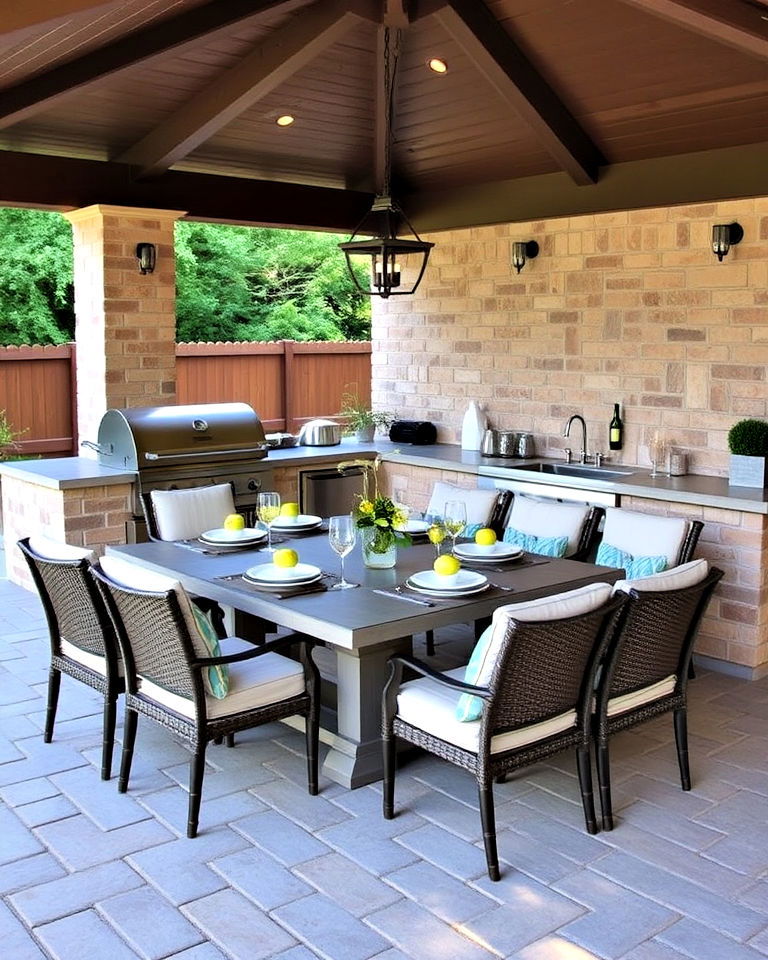 outdoor kitchen with full dining table
