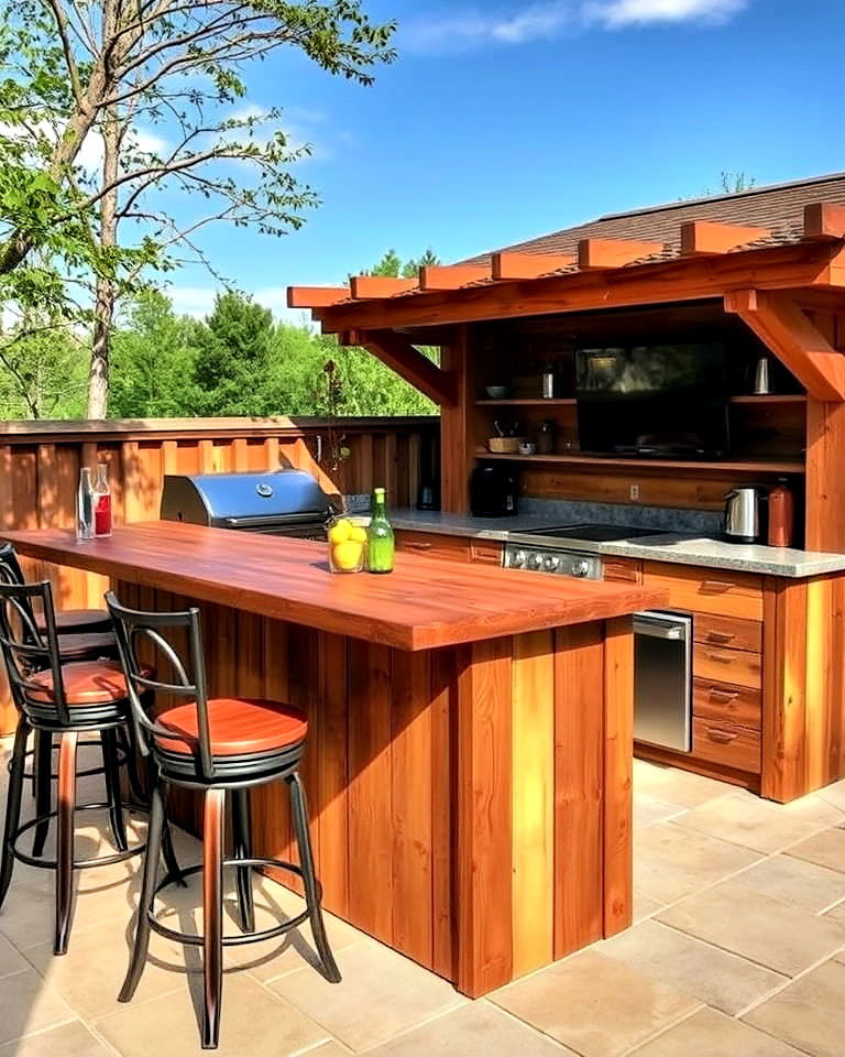 outdoor kitchen with rustic wooden bar