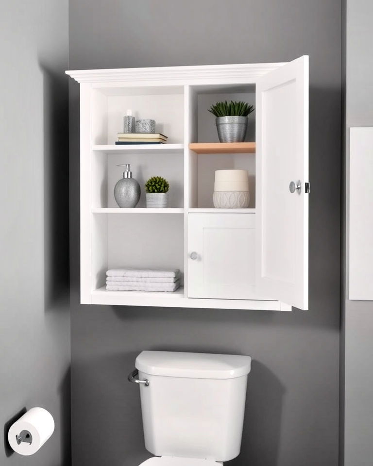 over the toilet cabinet with open and closed storage