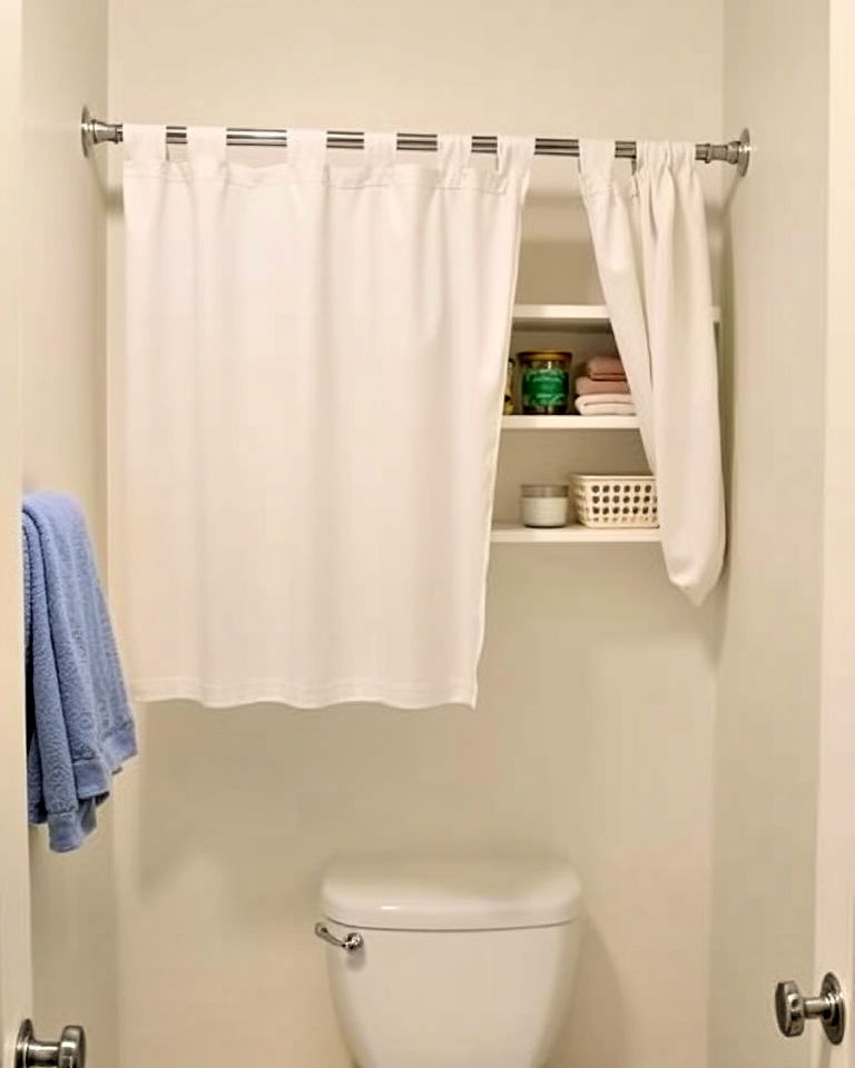 over the toilet curtains for concealed storage