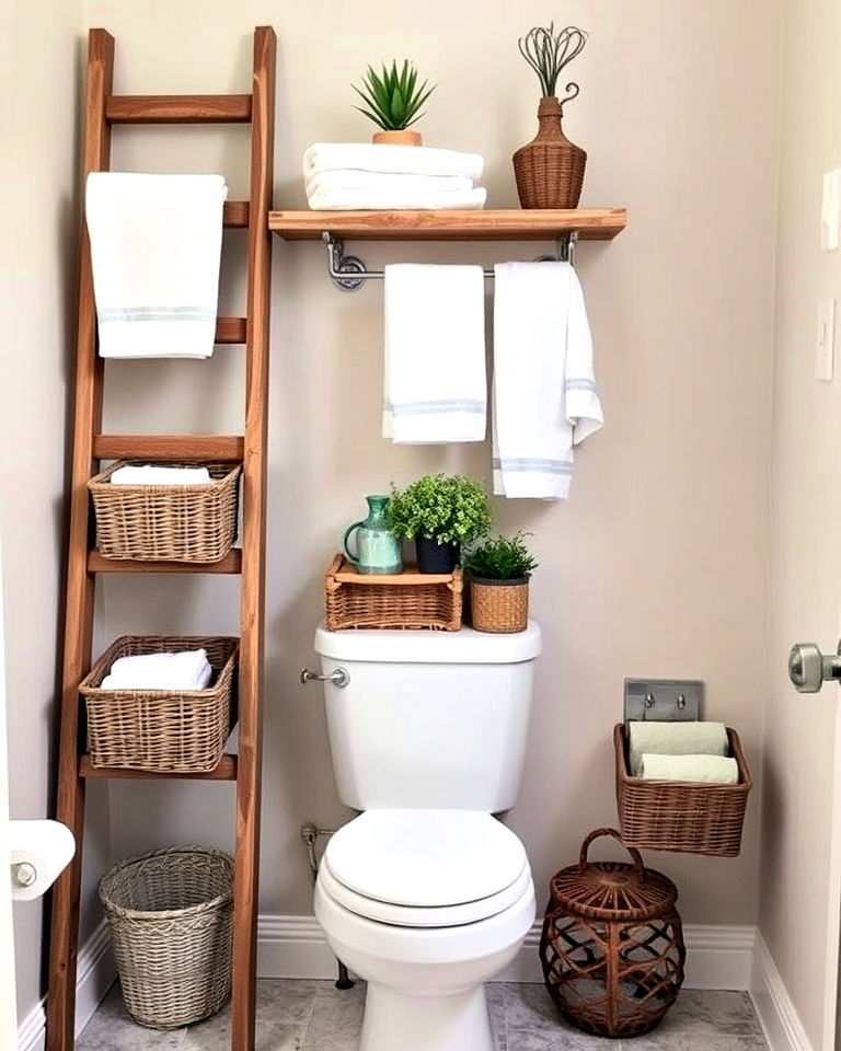over the toilet vintage wooden ladder storage