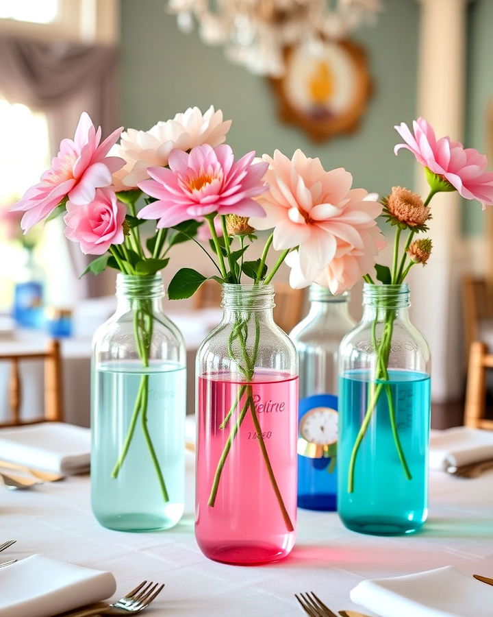 Glass vase centrepiece with blue and pink fluid for the flowers.