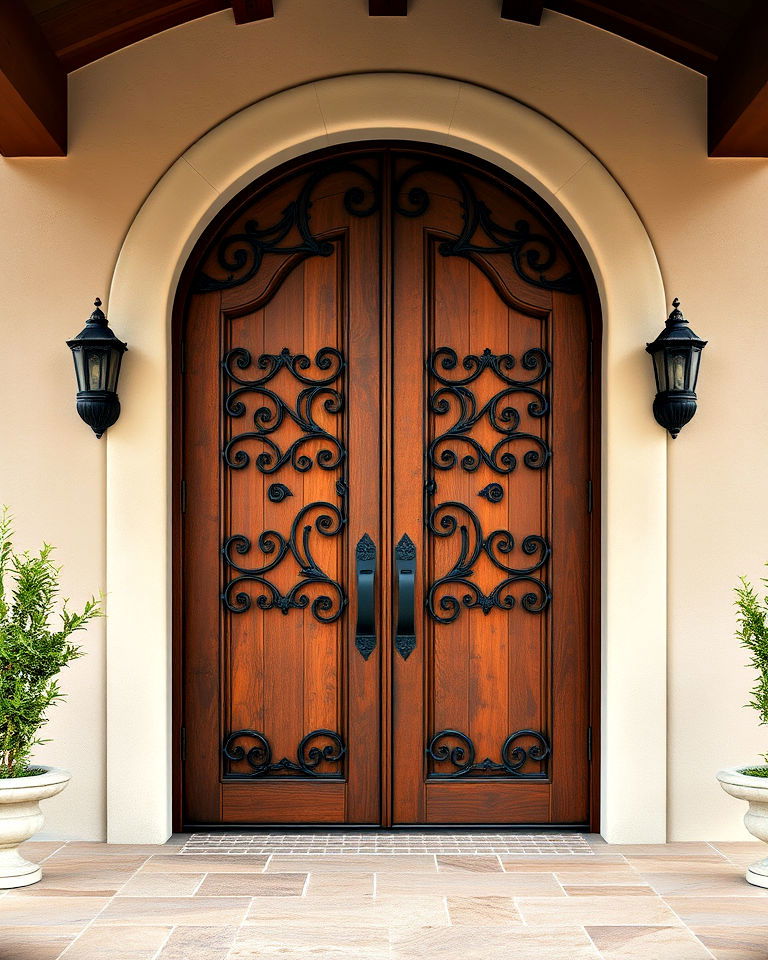 oversized wooden doors with ironwork