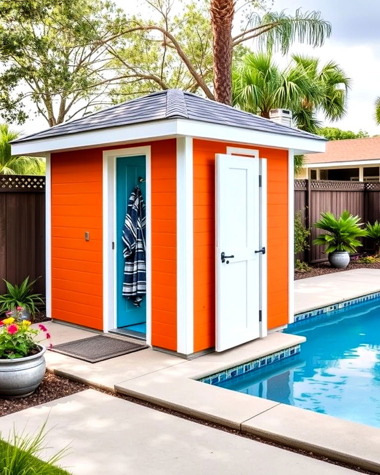painted shed with outdoor shower