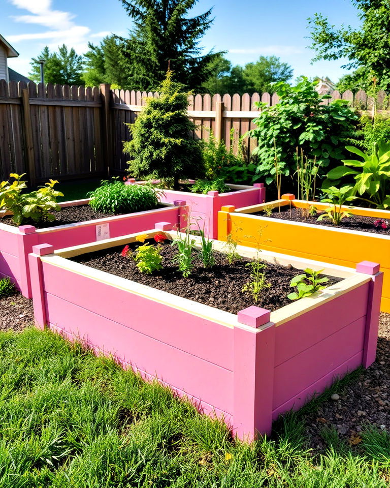 painted wooden raised garden bed for a pop of color