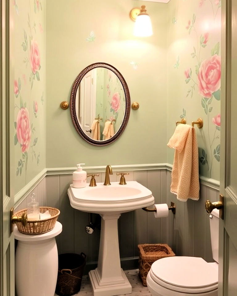 pale green powder room walls with floral patterns