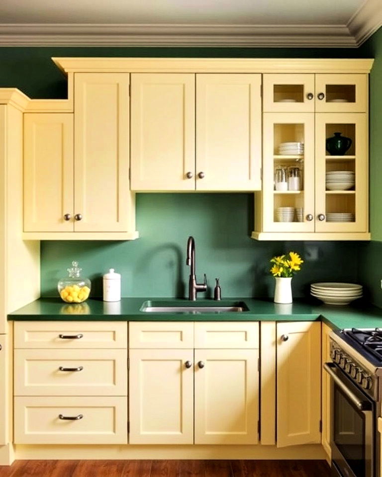 pale yellow cabinets with green countertops