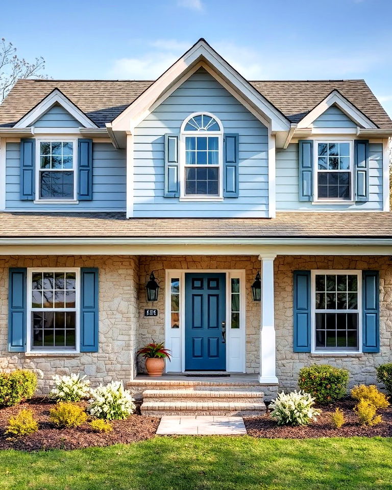 pastel blue with stone facade