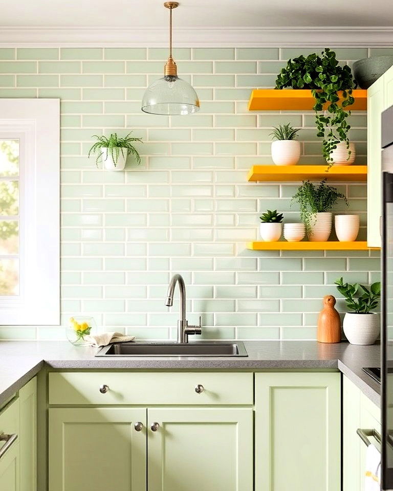 pastel green tiles with yellow accented shelves