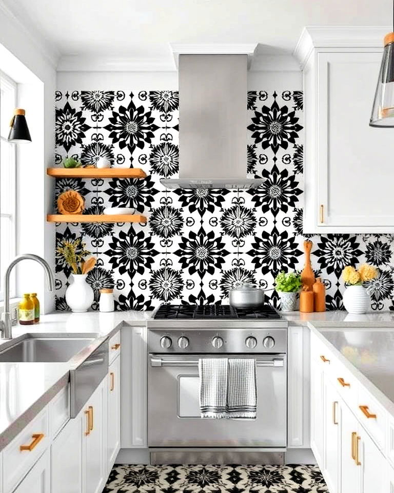patterned black and white cement tiles backsplash