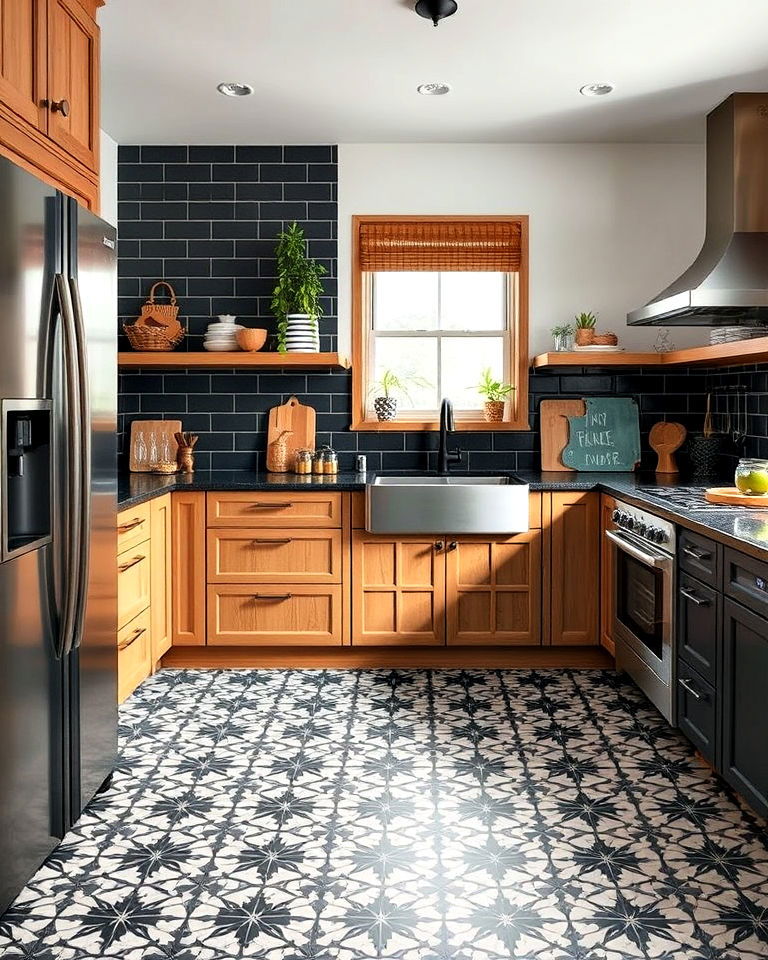 patterned black cement tiled kitchen flooring