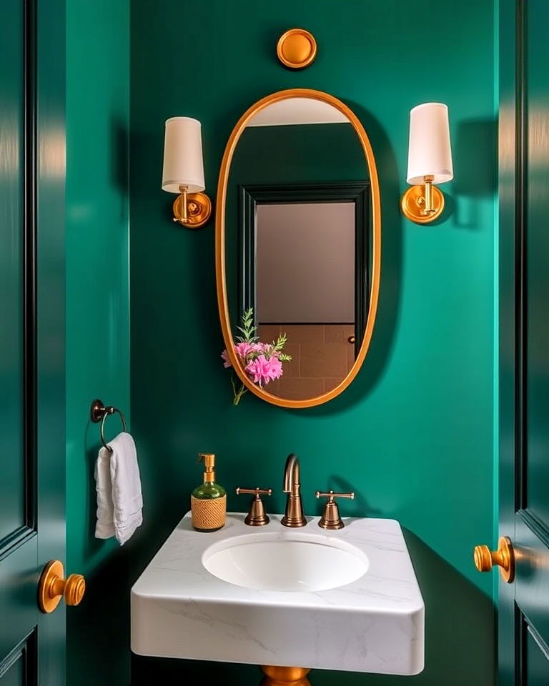 peacock green powder room walls with metallic details