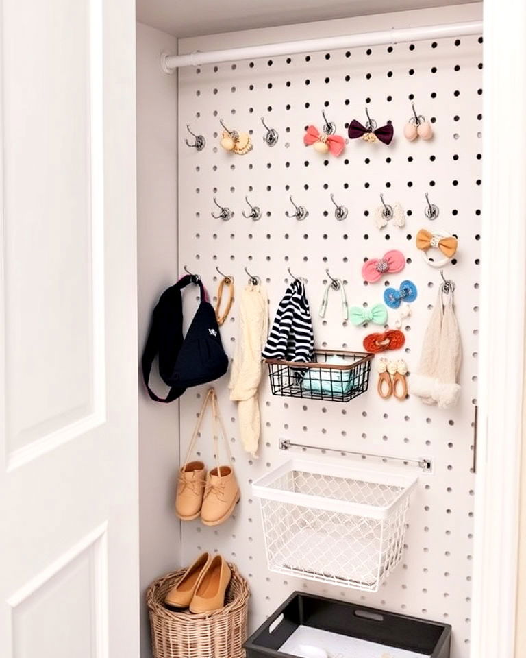 pegboard organizer inside the closet