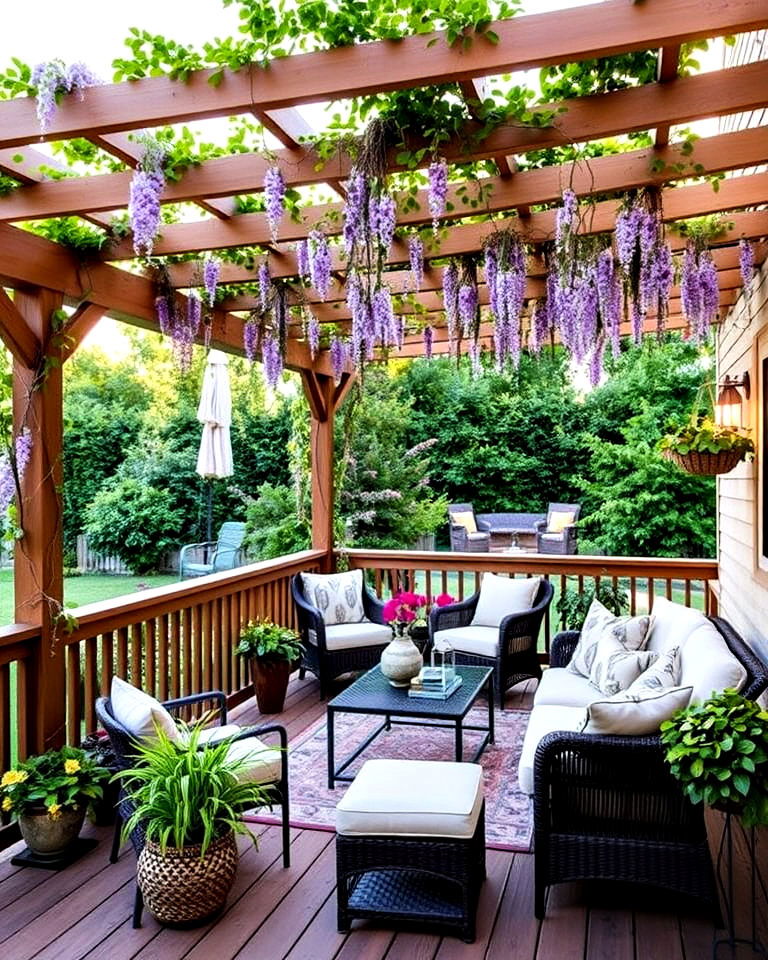 pergola covered deck with hanging plants
